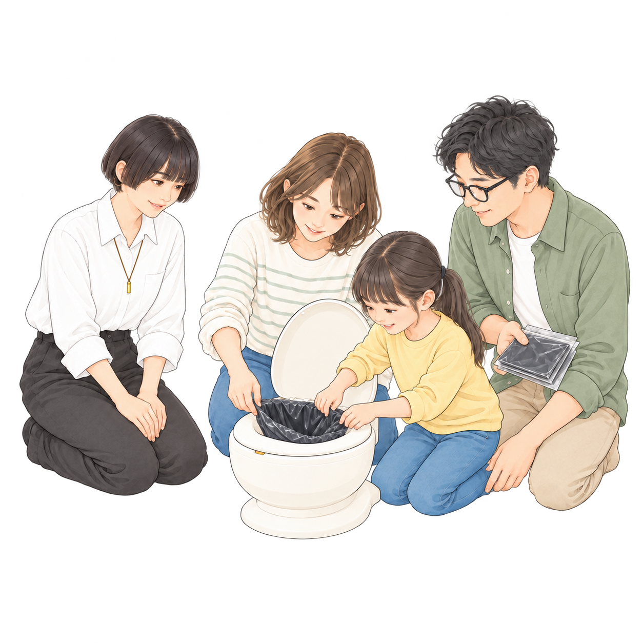 家族が災害用トイレを試し、久保玲奈が見守るイラスト