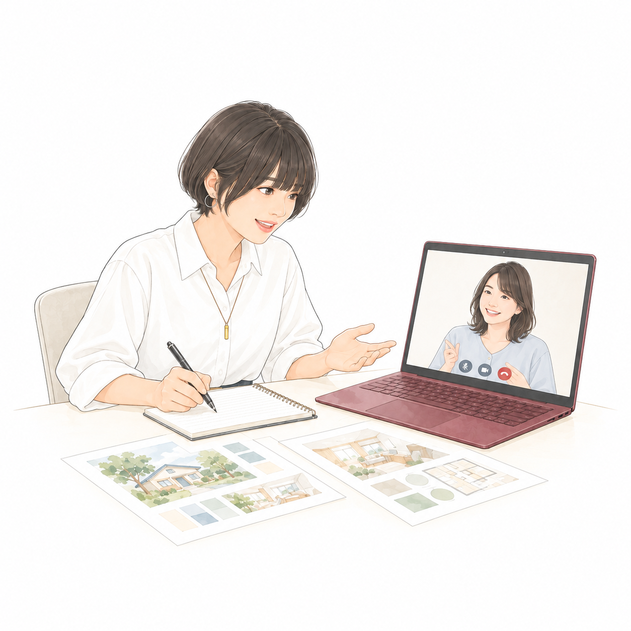 オンラインで相談しながらメモを取る場面