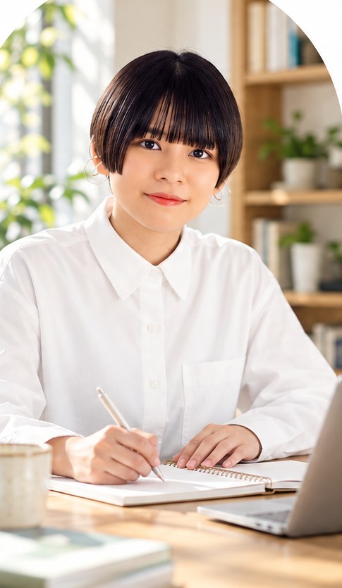 白いシャツでノートを開く久保玲奈の写真風画像