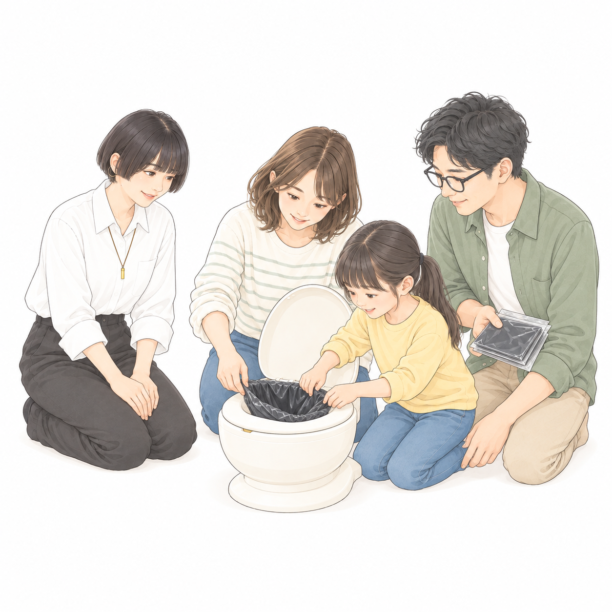 家族がトイレの備えを試し、久保玲奈が見守る場面