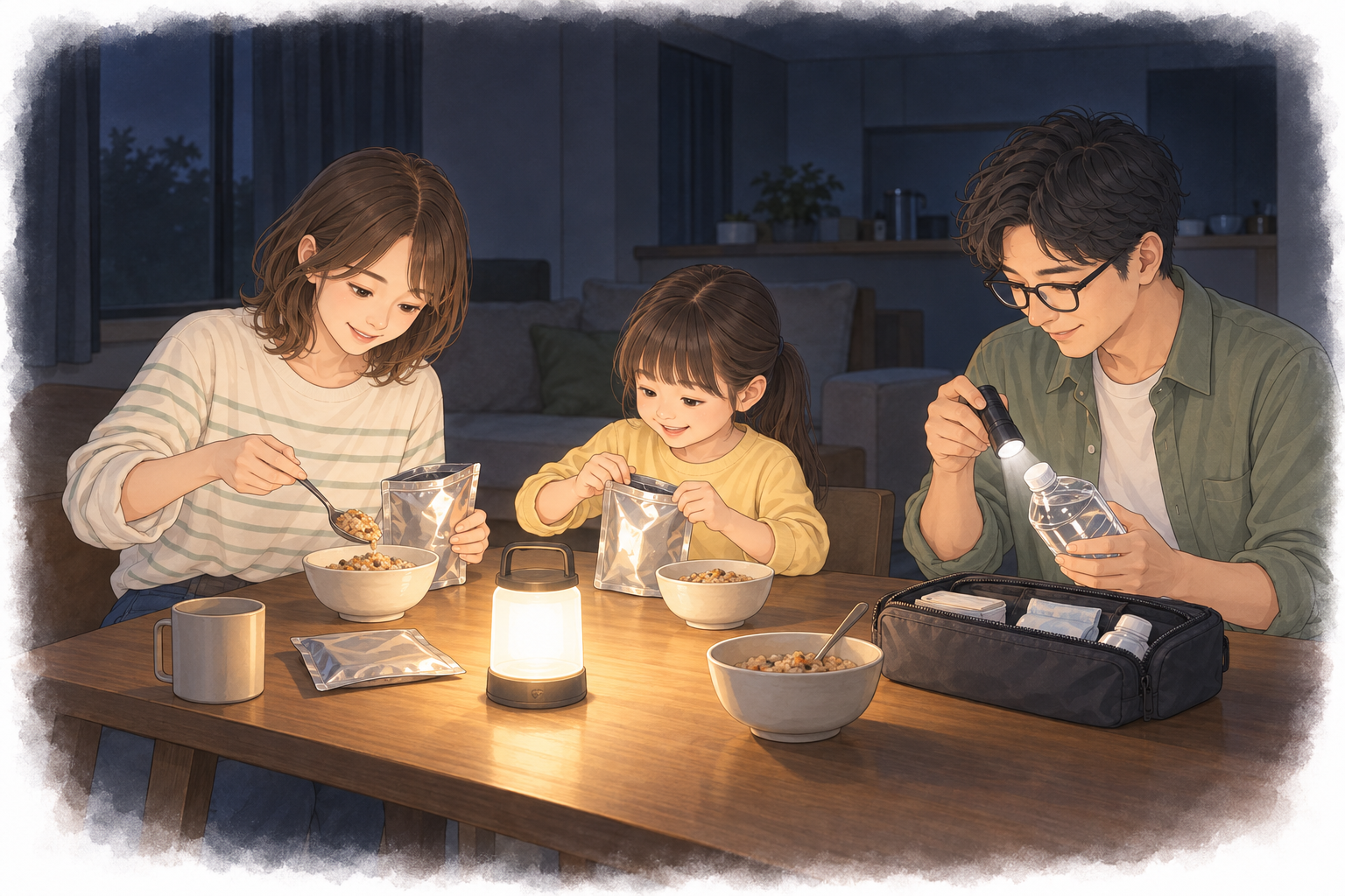 停電した暗い部屋で、ランタンや道具を工夫して暮らす家族