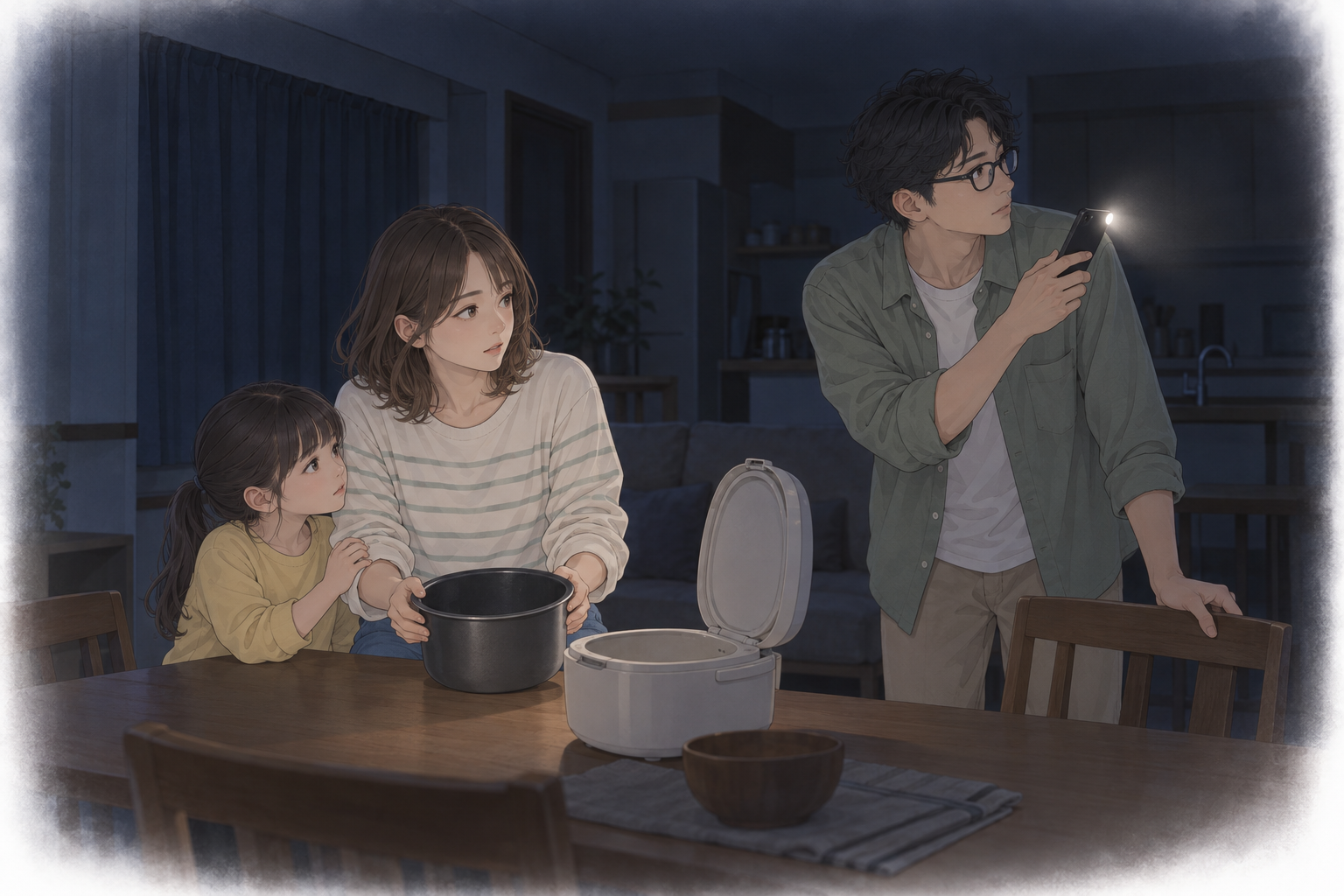 停電した暗い部屋で、家事をどうすればよいか戸惑う家族